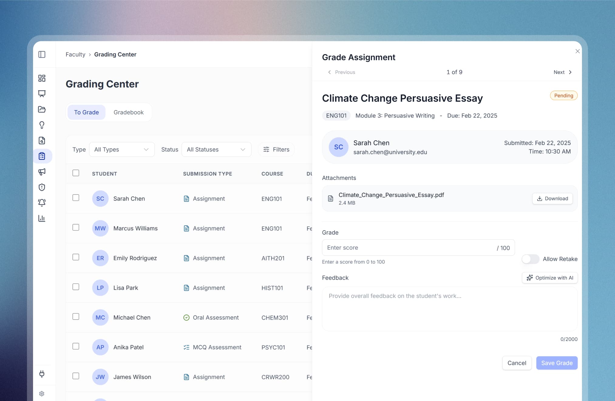 Grading center with assignment review interface