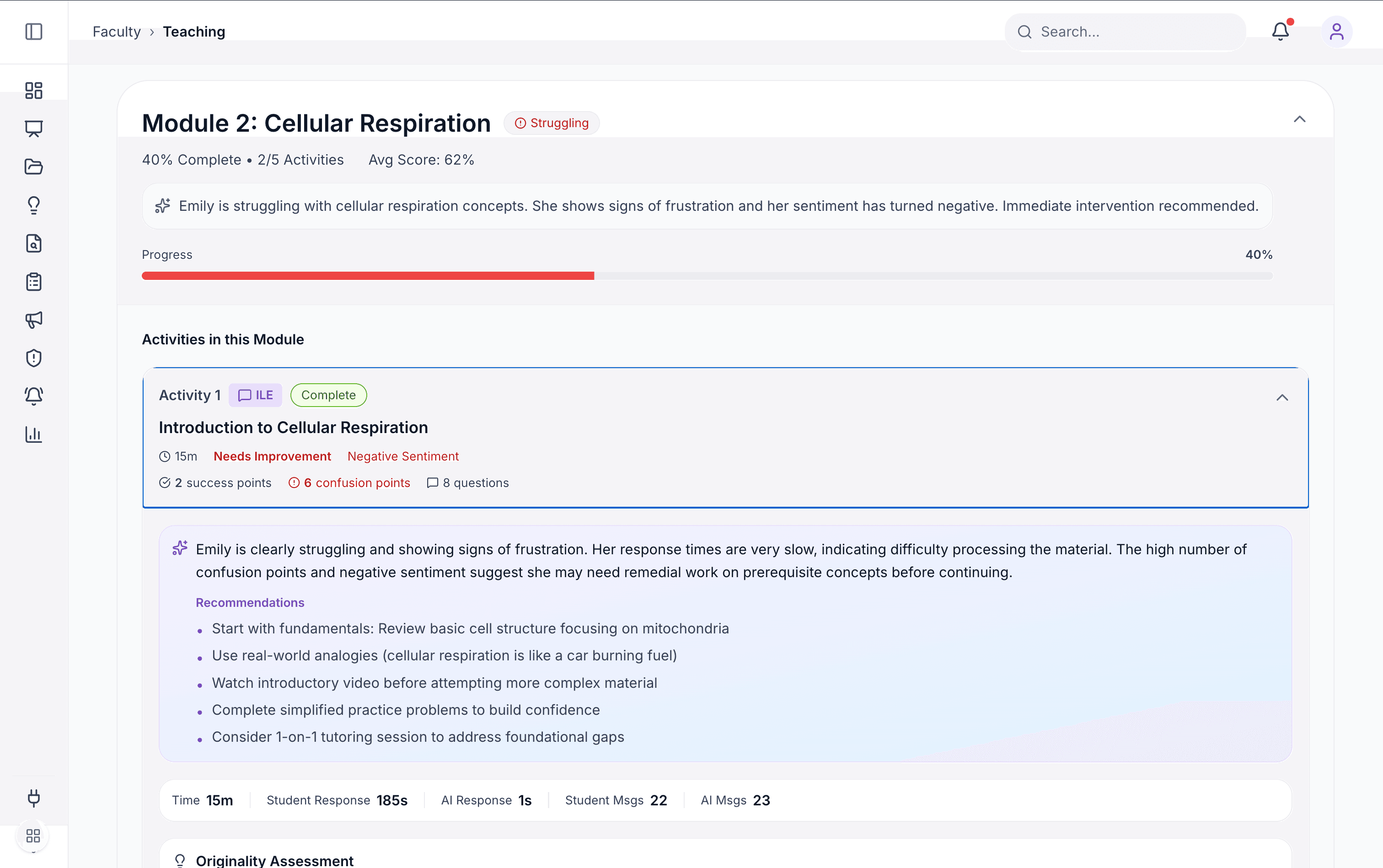 Faculty analytics dashboard with class engagement metrics and a feed of common student questions surfaced from course conversations