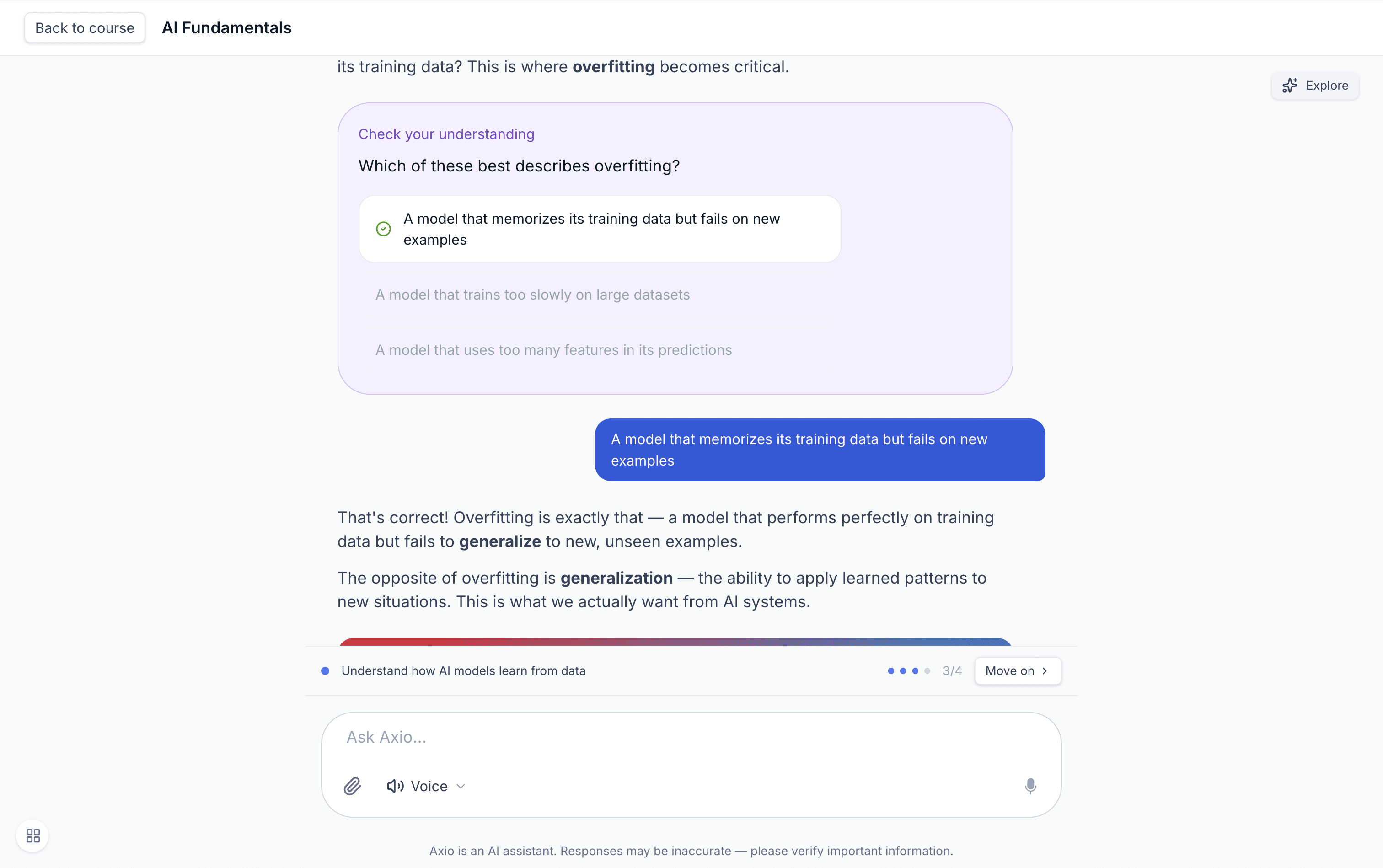 An Interactive Learning Experience conversation between a student and an ILE built around a faculty-defined objective
